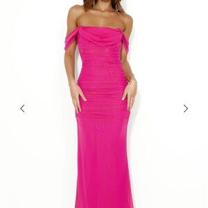 Hello Molly Pink Ruched Off-the-Shoulder Gown